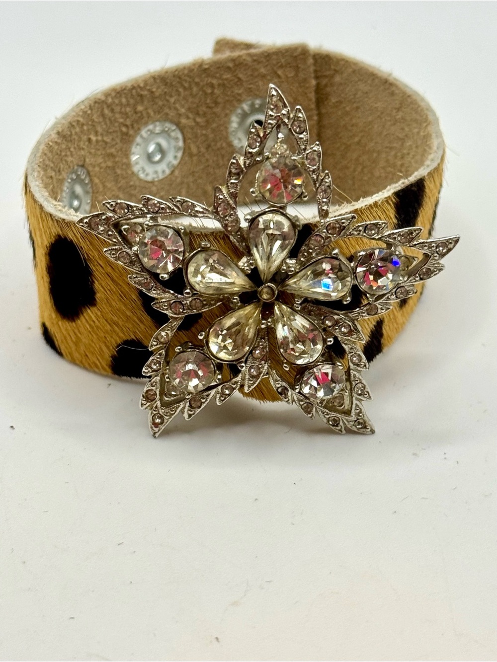 Vintage Upcycled Rhinestone Star Brooch Hair on Leather Adjustable Cuff